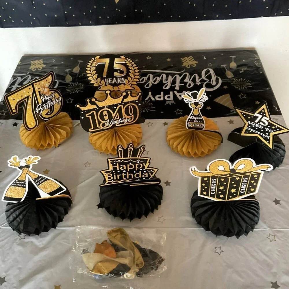 75TH HAPPY BIRTHDAY BACK DROP, BANNER, 8 TABLE DÉCOR 11 BALLOONS
